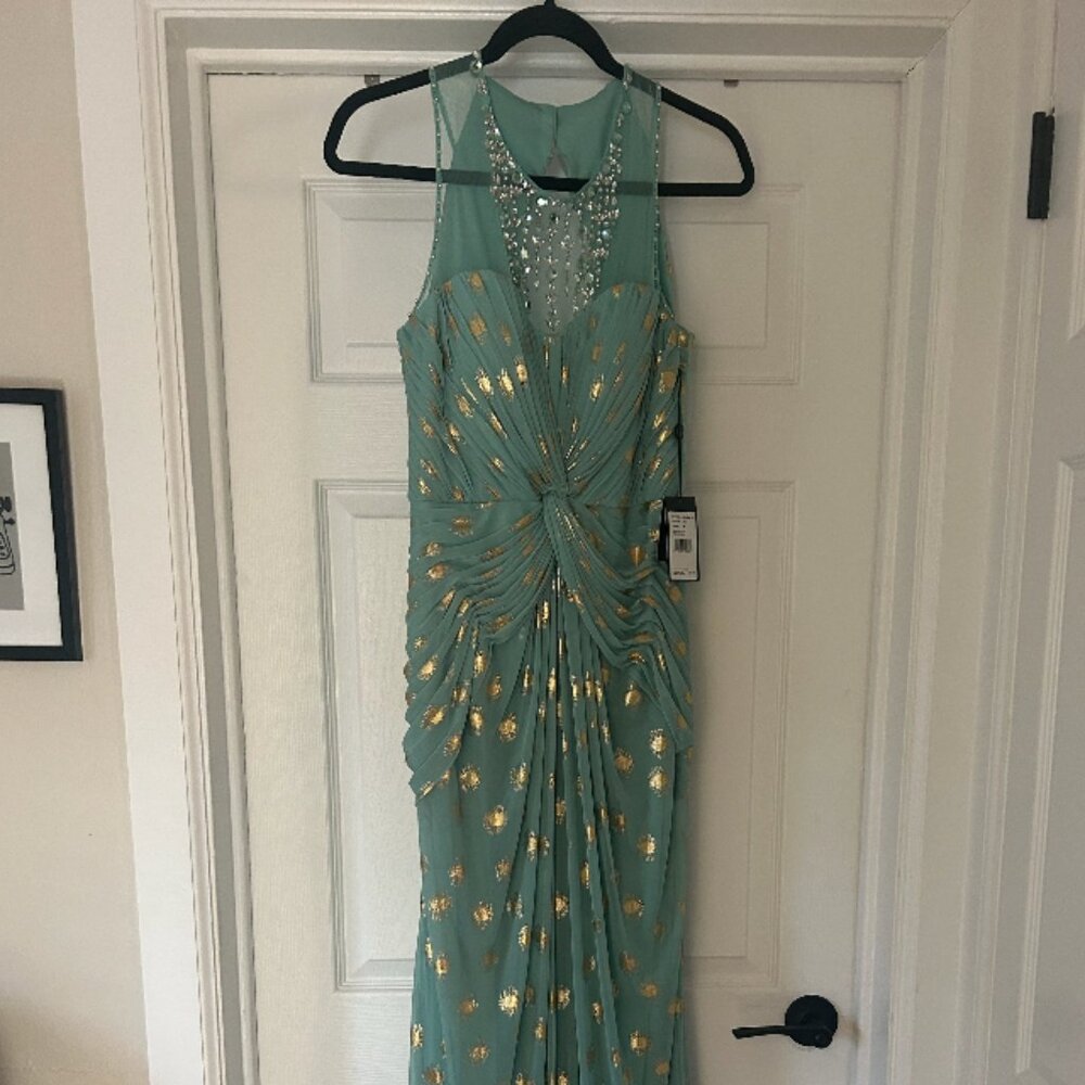 Adrianna Papell Beaded Knot Front Foil Dot Chiffon Dress, Seafoam green